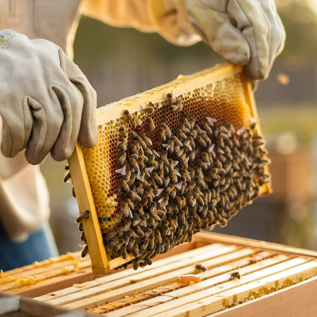 Gloved hands holding a wooden frame from a horizontal Layens beehive, with honeybees visible on the comb