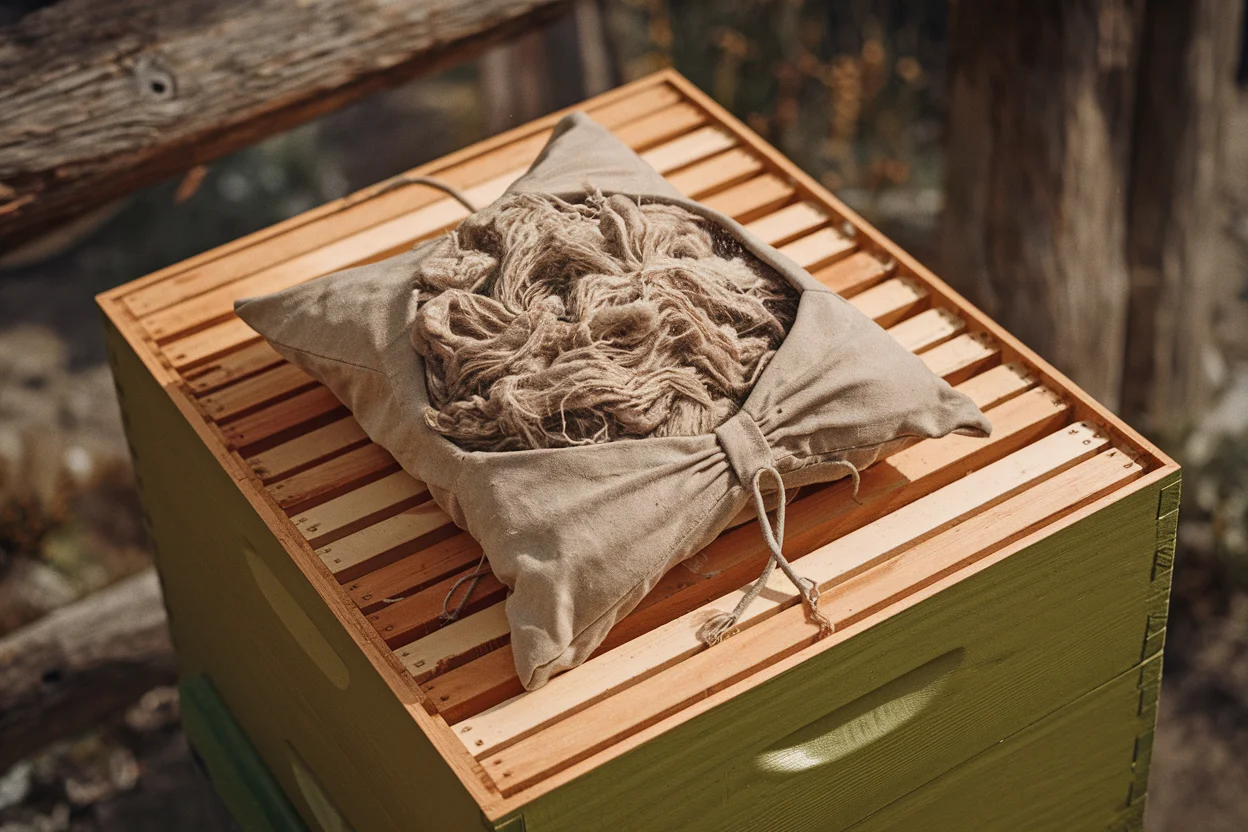 A pillowcase stuffed with raw sheep's wool inside an empty wooden hive super box, sitting atop a Layens hive