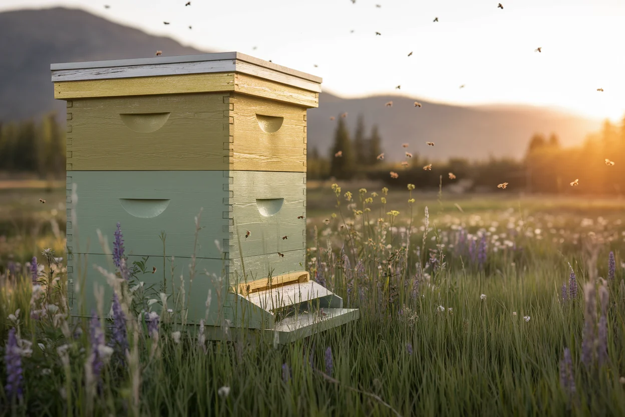 Wooden horizontal Layens beehive in an Idaho apiary