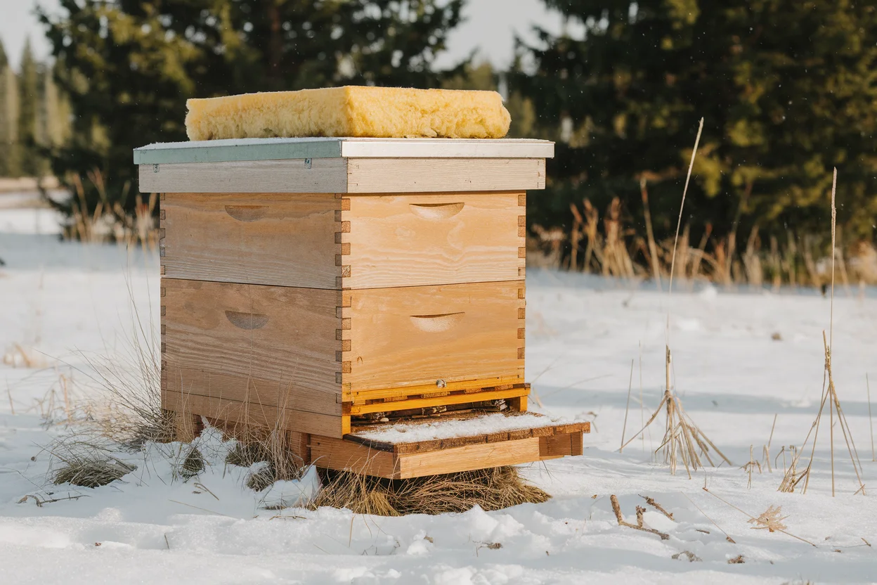 Wooden beehive dusted with snow and wool-insulated quilting box on top during Idaho winter