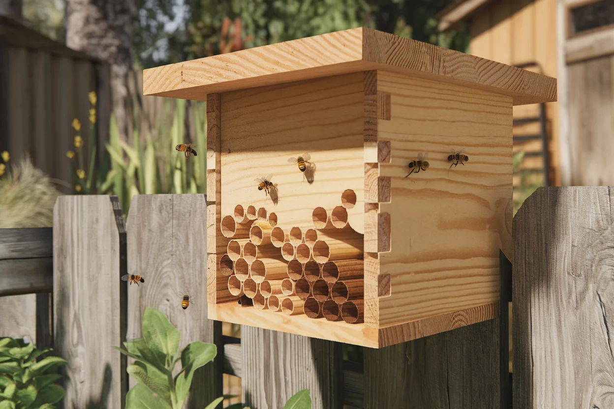 A wooden mason bee house with drilled holes mounted on a garden fence, small mason bees approaching the tubes