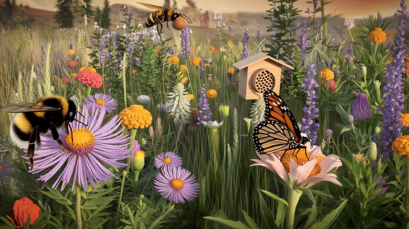 Diverse pollinator meadow with a bumblebee, mason bee house, and monarch butterfly
