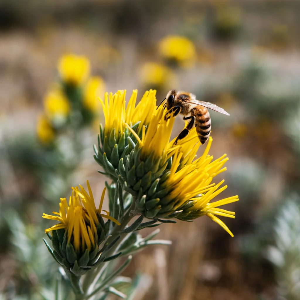 Yellow arrowleaf balsamroot flowers with a honeybee