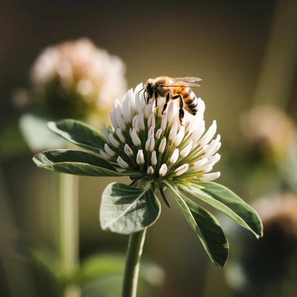 White clover flowers with a honeybee gathering pollen