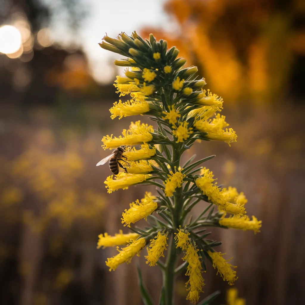 Yellow goldenrod flower spike with a honeybee gathering nectar
